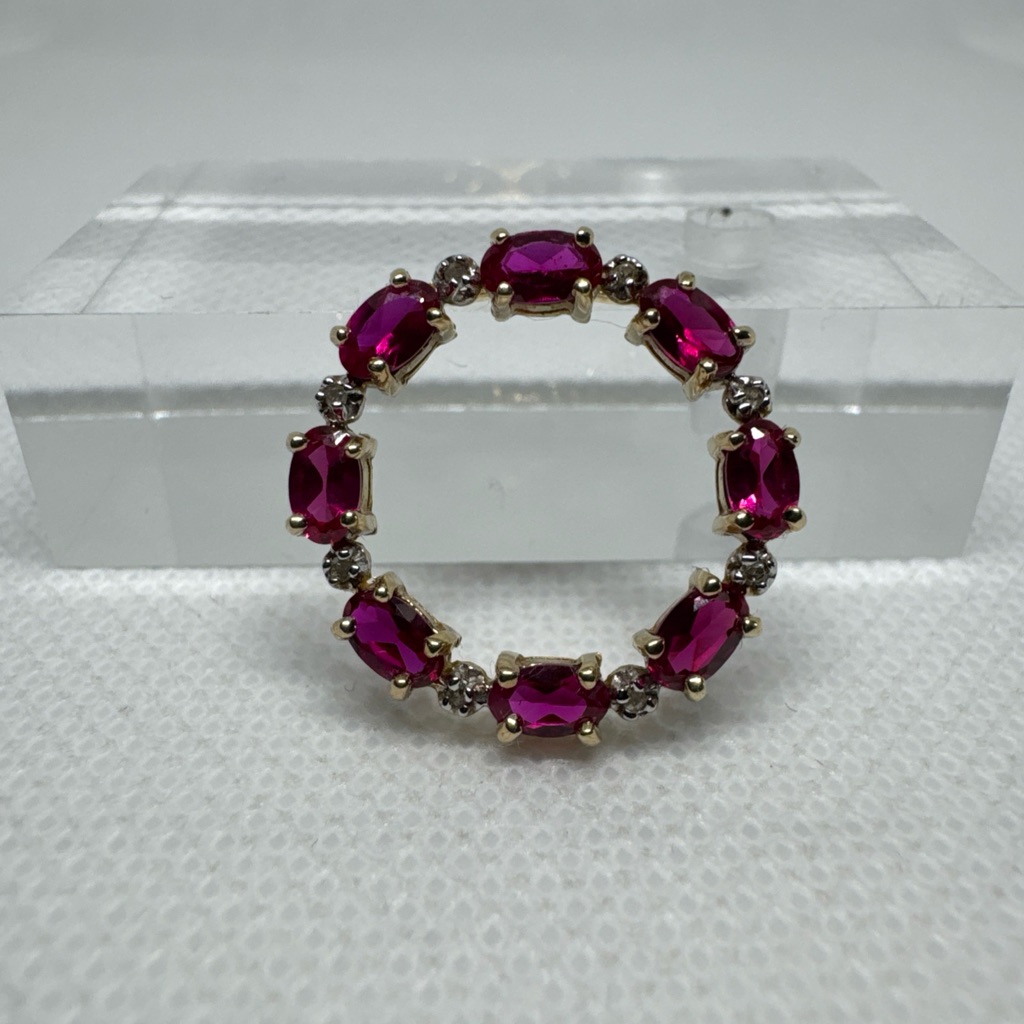 Vintage 10k Gold Round Open Circle Infinity Red Pink Spinel Diamond Pendant